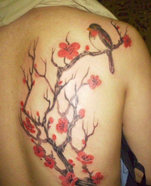 Bird Sitting On Cherry Blossom Tree Tattoo On Back